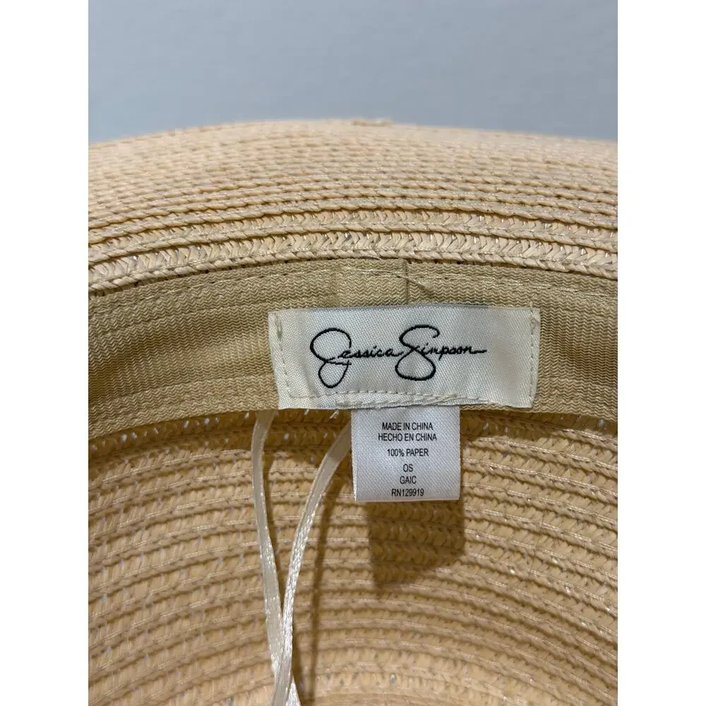 Jessica Simpson Wide Brim Floppy Sun Hat Straw Beach Tan Black Beaded Boho Band